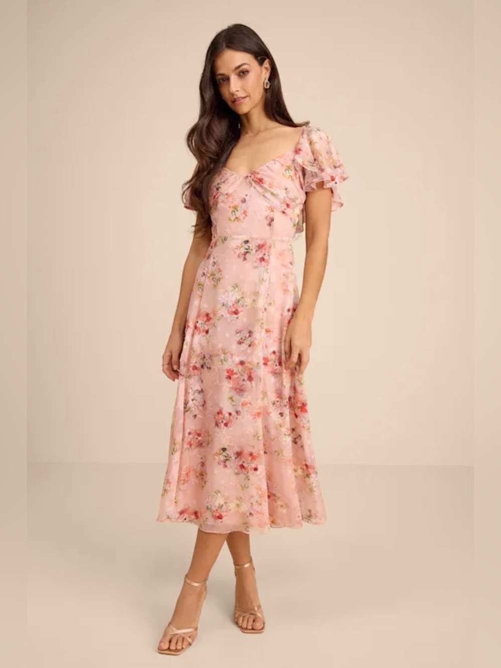Lulu’s Camillo Blush Floral Jacquard Flutter Sleeve Midi Dress